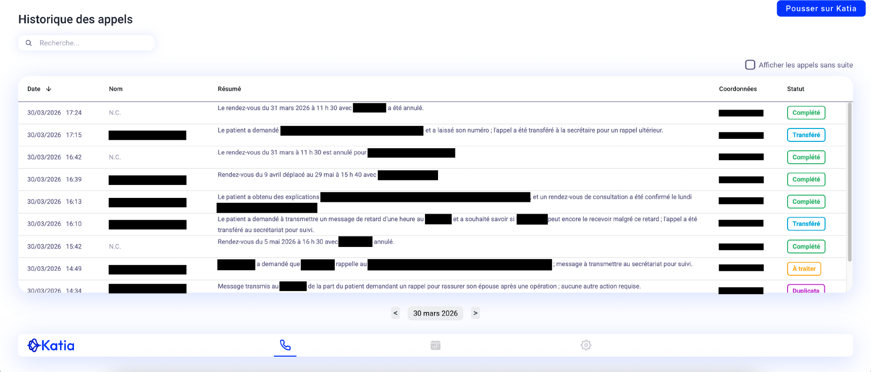 Dashboard Katia historique des appels